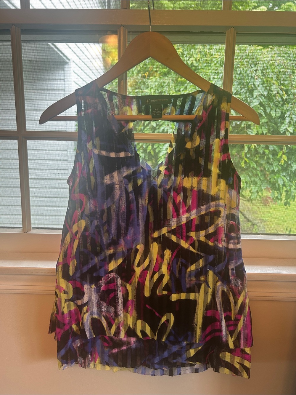 INC International Concepts Black Multicolor Abstract Pleated Sleeveless Camisole